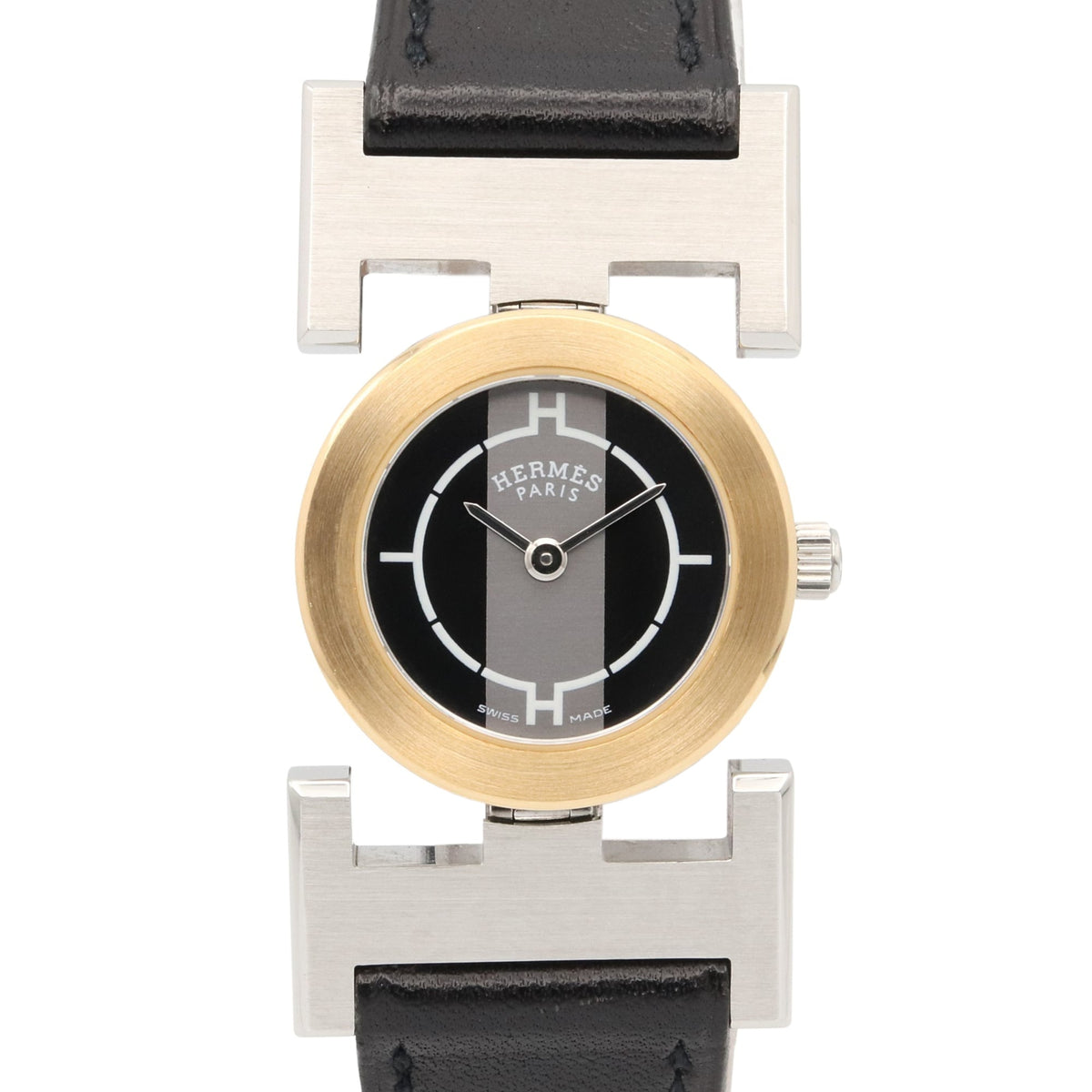 Pre-Owned Hermes HERMES Paprika Watch, Gold Plated (GP), Stainless Steel, Leather Strap, Women's, Black, PA1.220