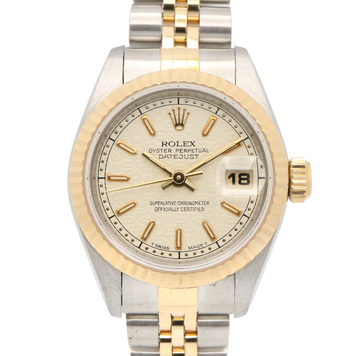 Pre-Owned Rolex Datejust T-series watch, 18K (yellow gold) stainless steel, ladies', ivory color, computer bar marker, 69173