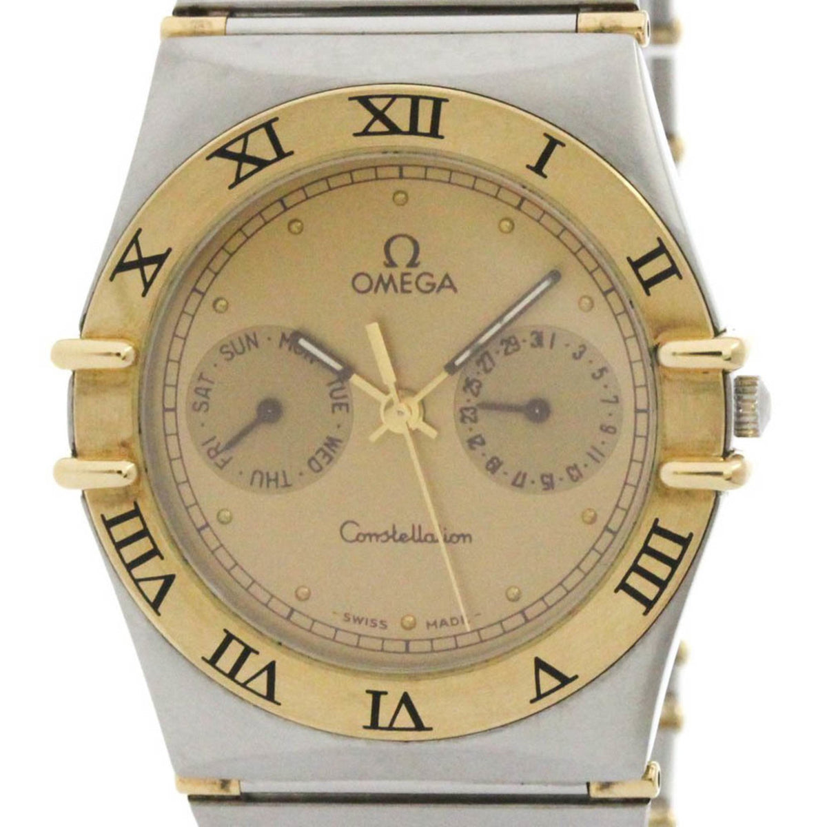 Pre-Owned OMEGA Constellation Day Date 18K Gold Steel Quartz Mens Watch 396.1070 Polished