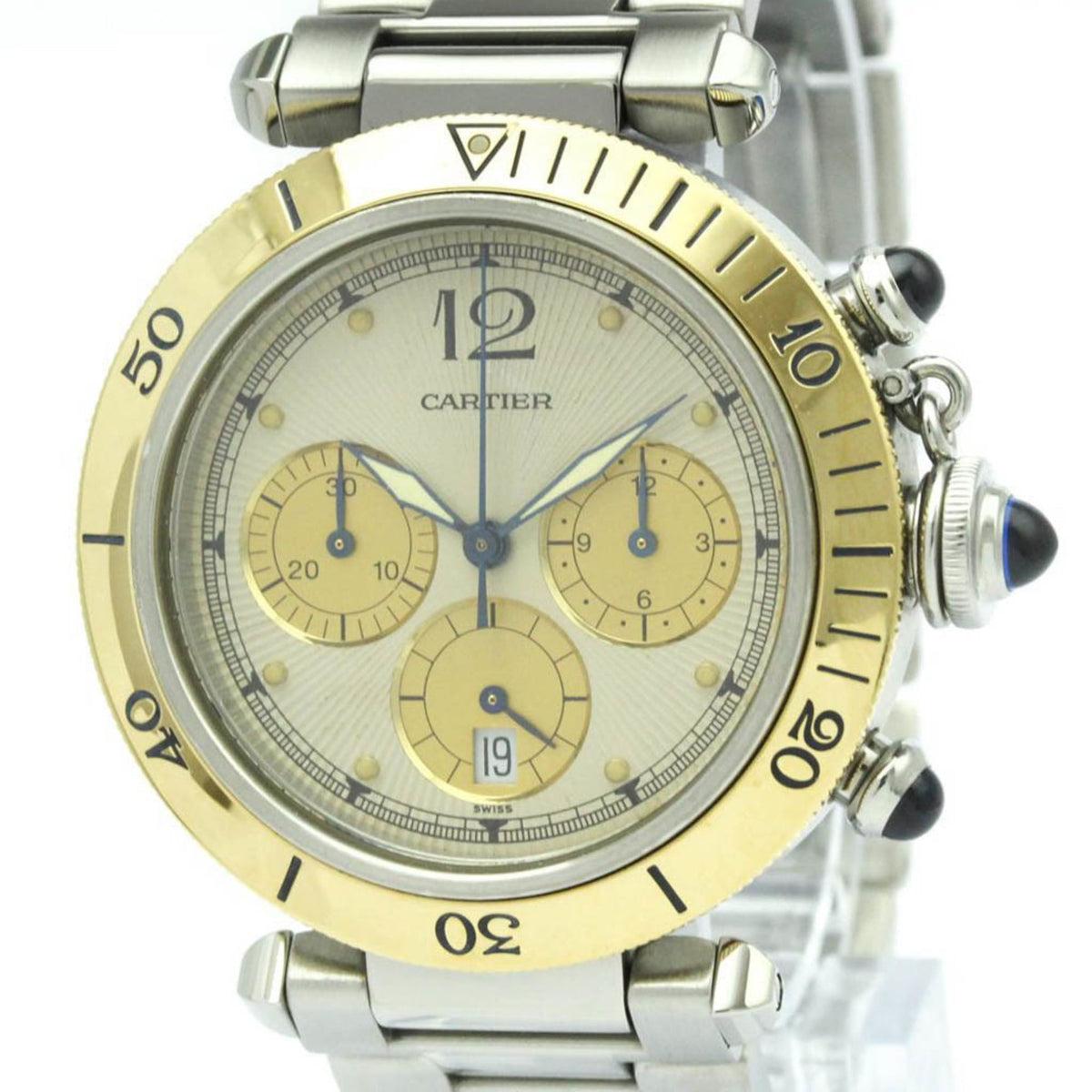 Pre-Owned CARTIER Pasha 38 Chronograph 18K Gold Steel Watch W31011H3 Polished