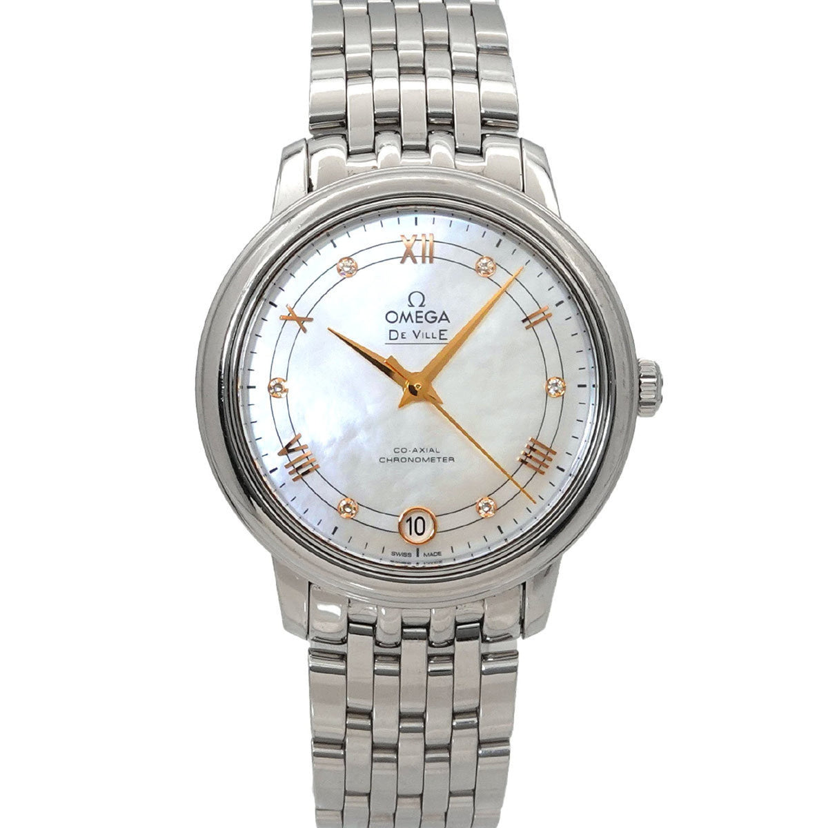 Pre-Owned OMEGA DeVille Prestige 424 10 33 20 55 002 Women's Watch with Date Display, 6 Diamonds, White Shell, and Automatic Movement