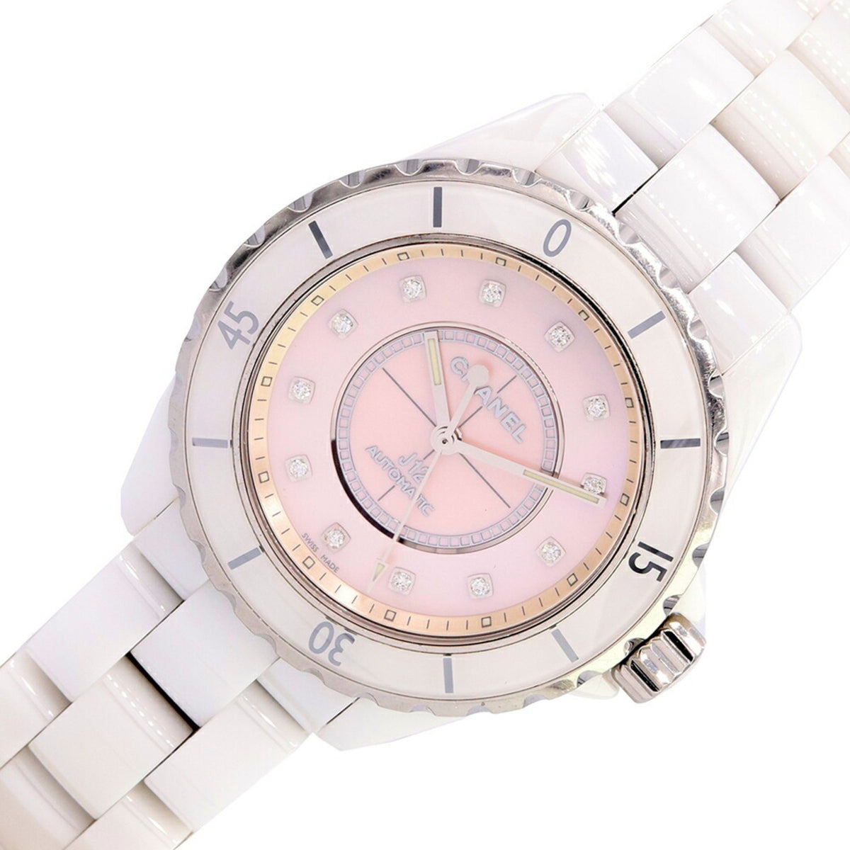 Pre-Owned Chanel Men's Watch, Limited to 1200 pieces worldwide, J12, Pink Shell, 12P Diamond, H5514, White Ceramic, SS, Automatic, Mother of Pearl, Edition, CHANEL