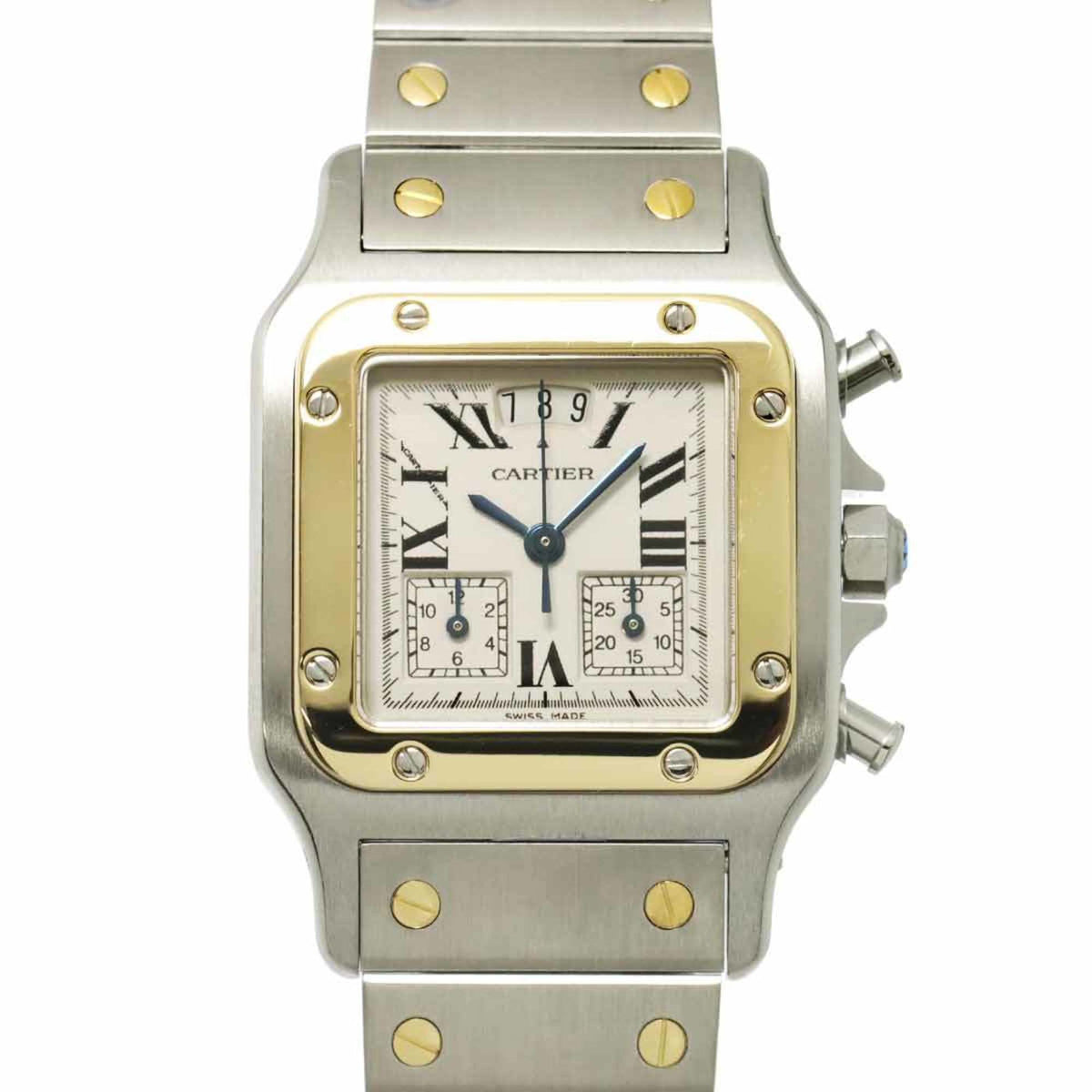 Pre-Owned Cartier Santos Galbe LM Chrono Reflex Perpetual Calendar Two-Tone Men's Watch W20042C4, Date Display, Ivory/YG Yellow Gold Quartz