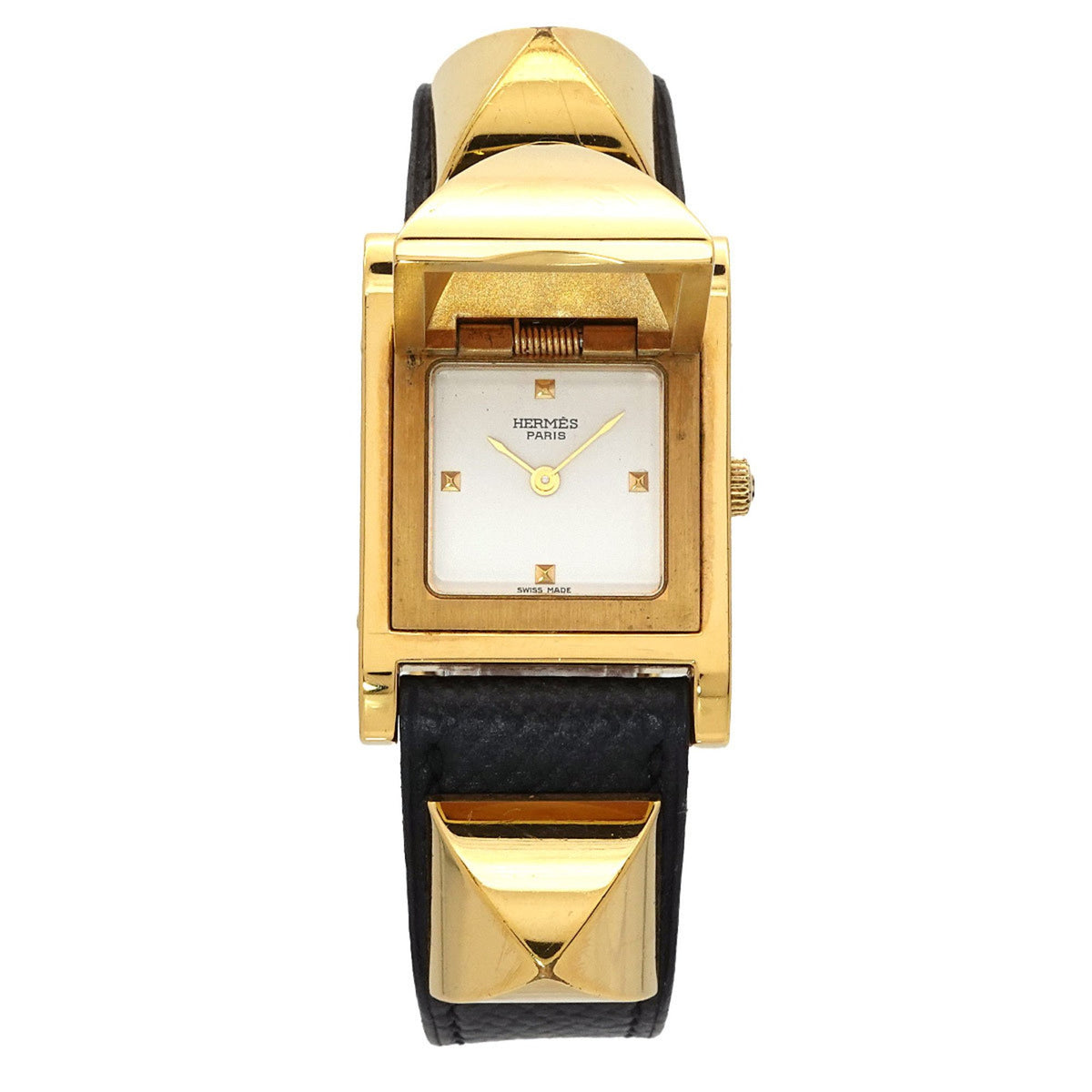 Pre-Owned Herm?s Medor Women's Pyramid Gold Stud Watch in White and Black Leather with Quartz Movement