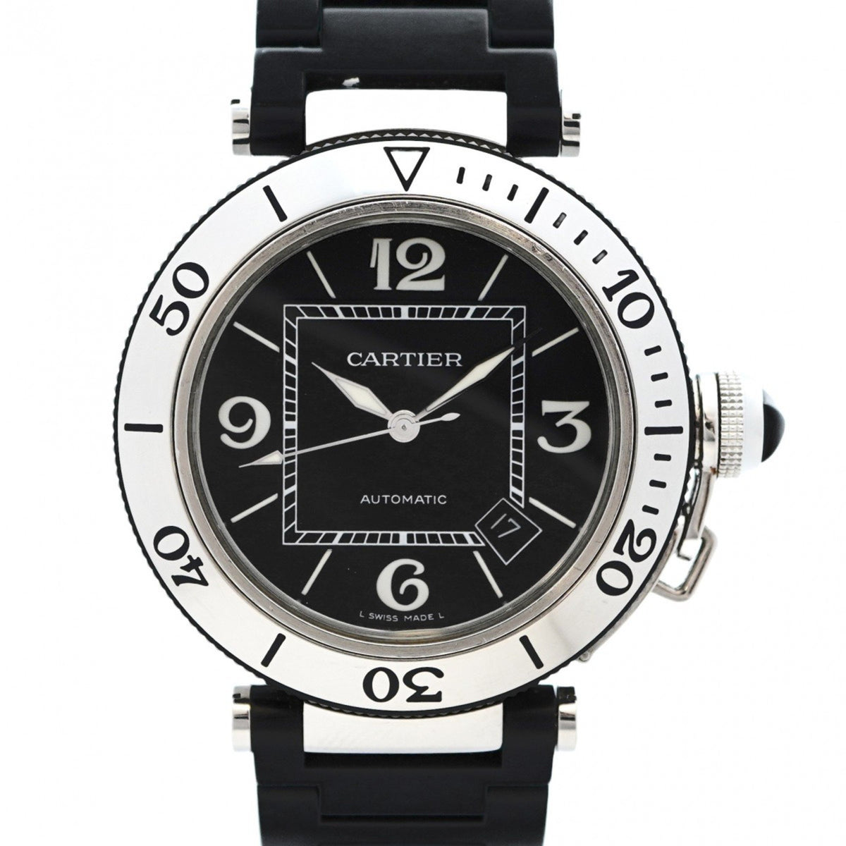 Gebrauchte Cartier Pasha Seatimer W31077U2 Herrenuhr mit schwarzem Zifferblatt 
