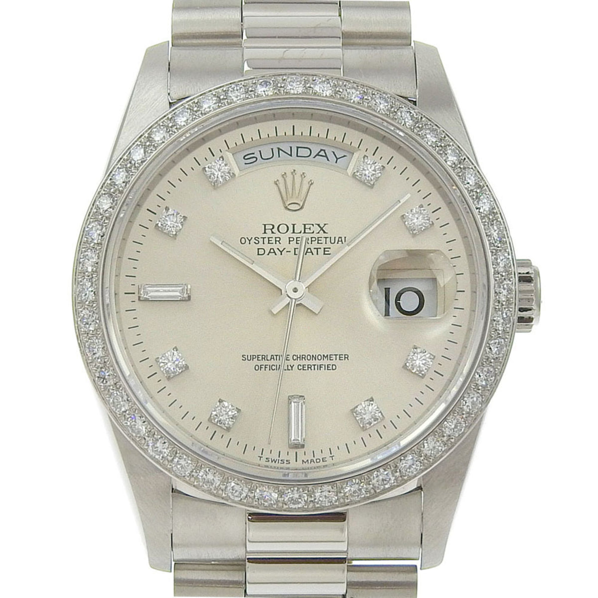 Rolex d'occasion comme neuve ROLEX Day-Date 18346A W numéro de série circa 1995 Cadran argenté Lunette diamant Véritable 10P Pt900 176,5 g 