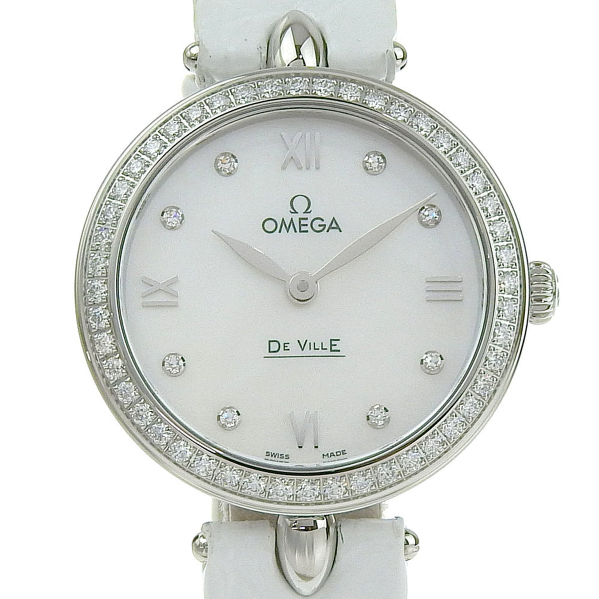 Pre-Owned OMEGA Dou Drop Watch De Ville 8P Diamond 424.18.27.60.55.001 Stainless Steel x Embossed Leather Quartz Analog Display White Shell Dial Ladies H112725184