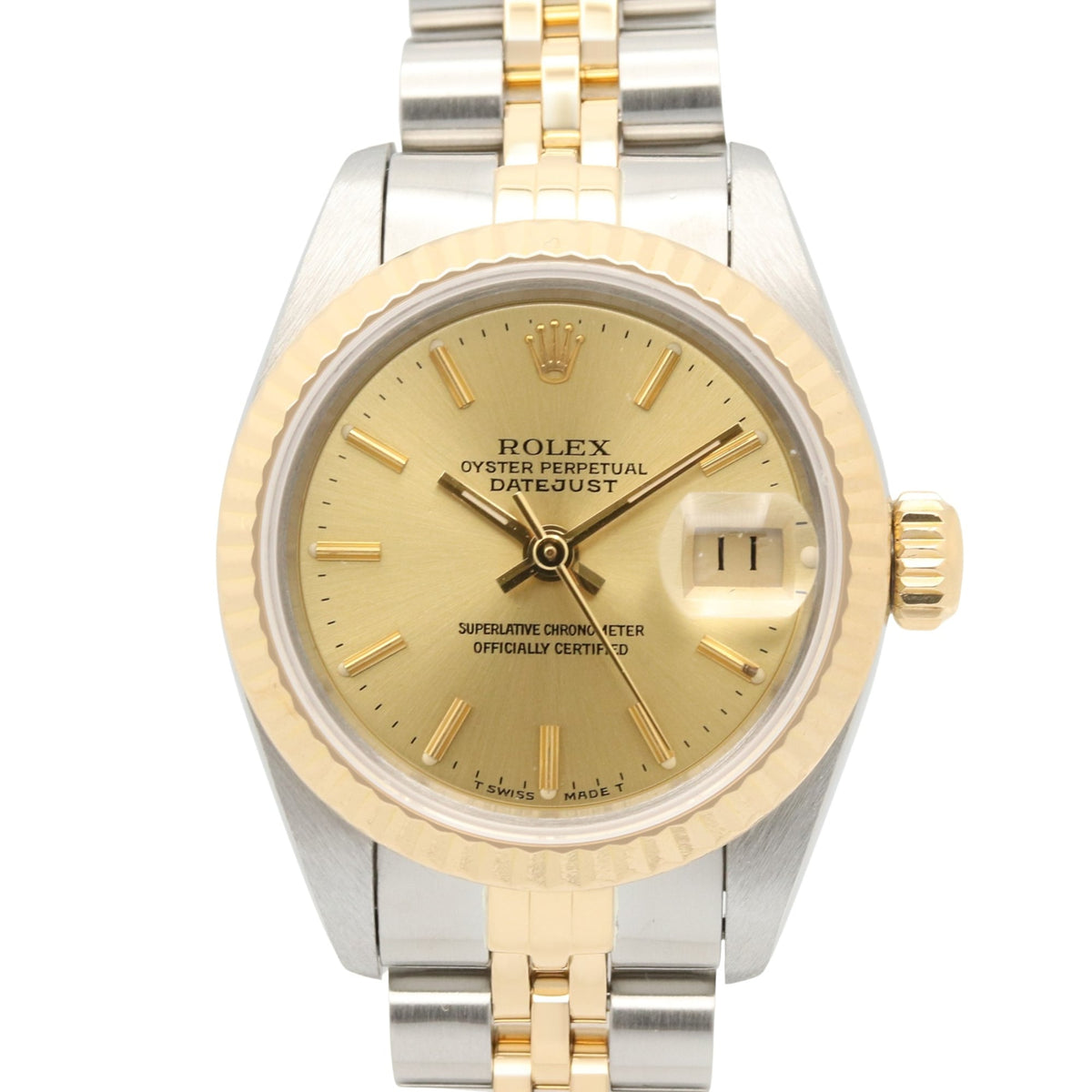 Pre-Owned Rolex Datejust E-serial watch, 18K (yellow gold) stainless steel, ladies', gold-tone champagne bar color, 69173.