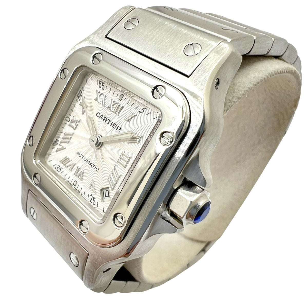 Pre-Owned Cartier Santos Galbe SM Stainless Steel Silver Dial Guilloche Automatic Watch W20044 for Men and Women