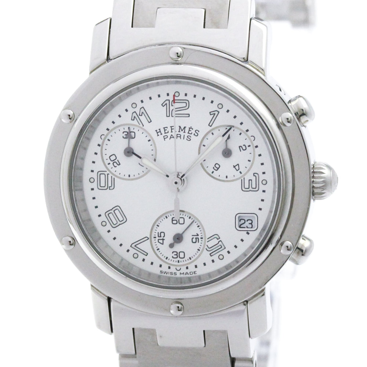 Pre-Owned HERMES Clipper Chronograph Steel Quartz Ladies Watch CL1.310 Polished