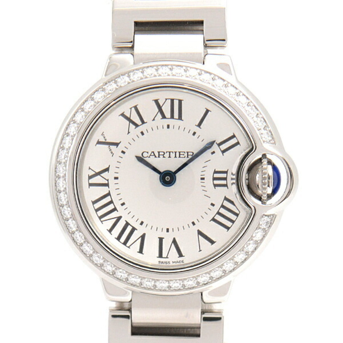 Pre-Owned Cartier Women's Watch Ballon Bleu SM Diamond Bezel Battery Operated Silver Dial Stainless Steel SS W4BB0015