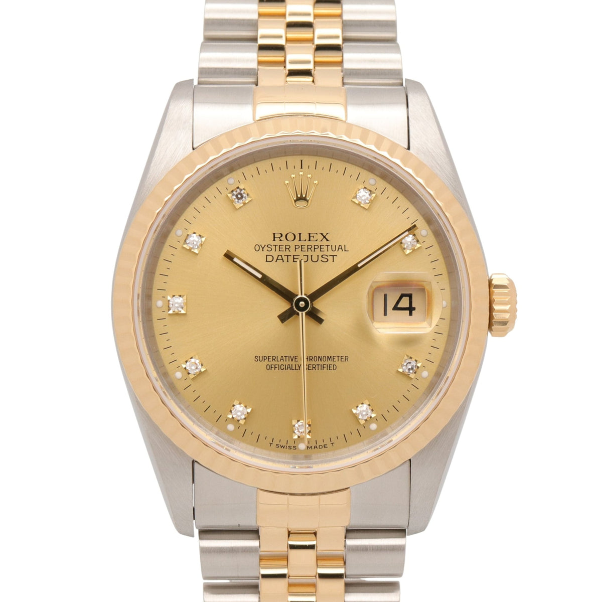 Pre-Owned Rolex Datejust 10P Diamond S-serial Watch, 18K (Yellow Gold) Stainless Steel, Diamond, Men's, Gold Tone, Champagne, Old Model, 16233G
