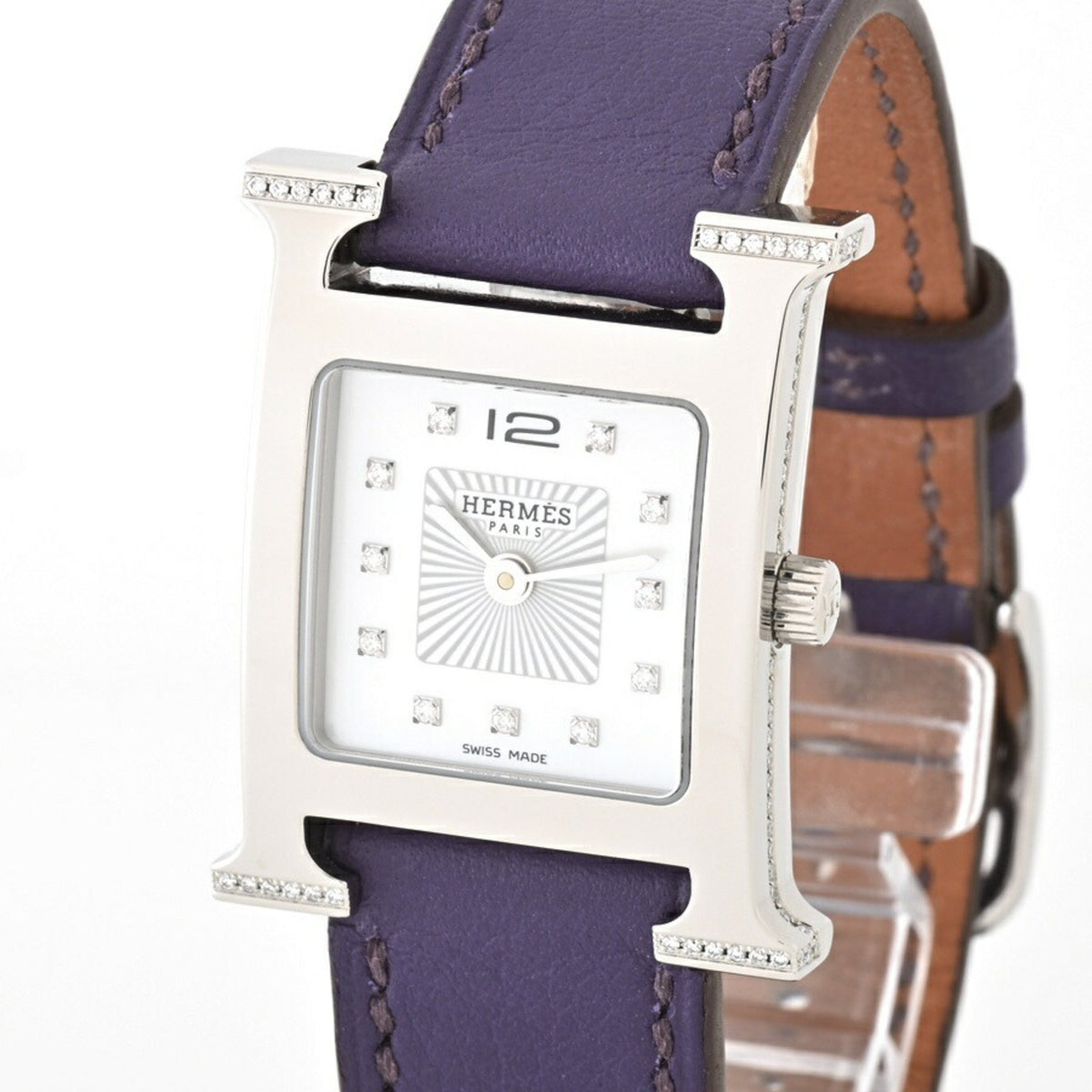 Pre-Owned Hermes HERMES H Watch PM 25mm HH1.238 Shell White Quartz Wristwatch Lug and Case Side Diamonds E-156583