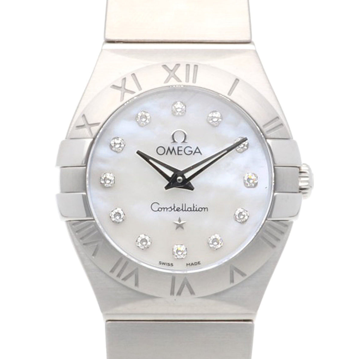 Pre-Owned Omega Constellation watch, stainless steel, 12310246055001, quartz movement, re-polished, 93068XXX, women's, pre-owned, 12-point diamond, white shell.