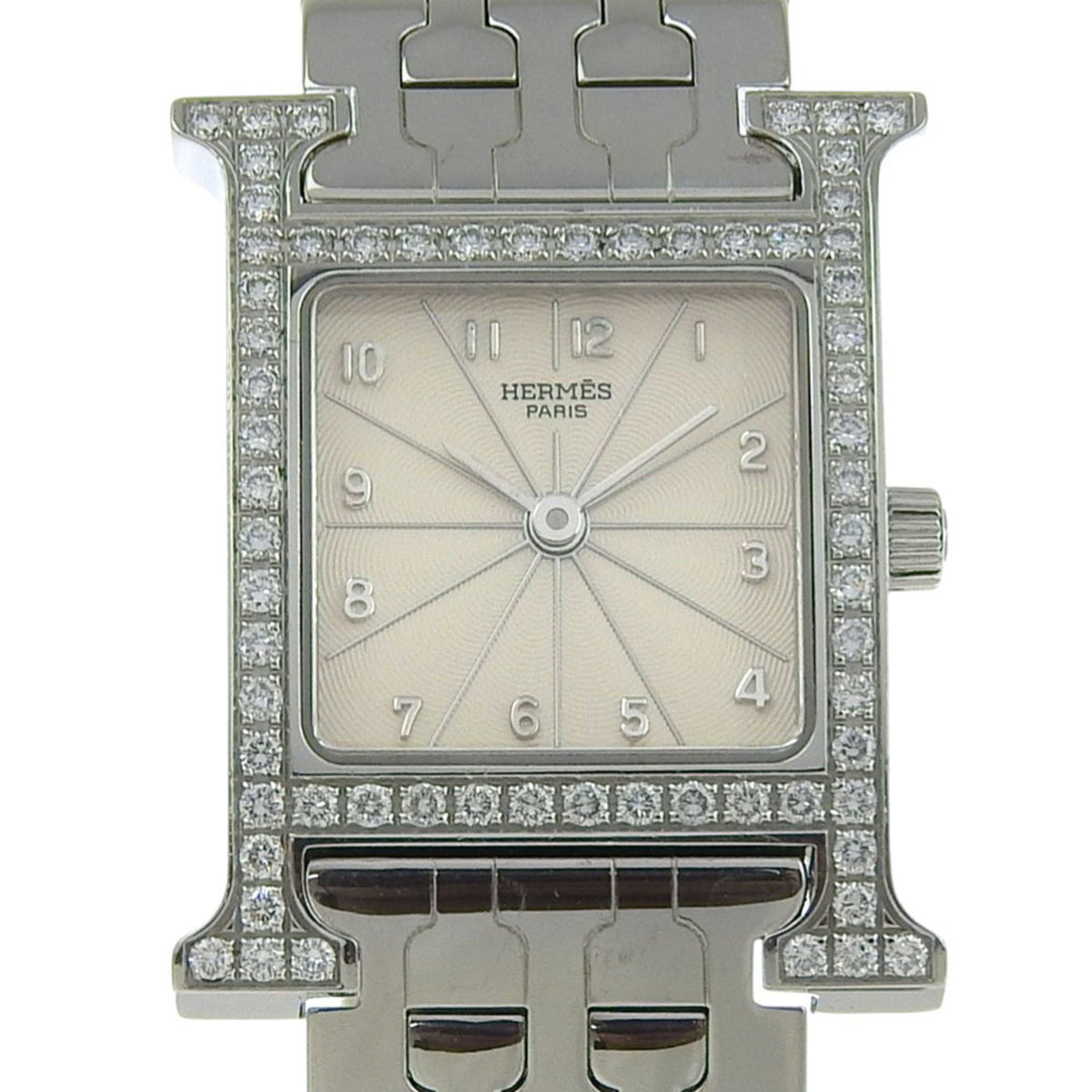 Pre-Owned Herm?s H Watch HH1.230, Diamond Bezel, Stainless Steel, Quartz Movement, Analog Display, White Dial, Women's