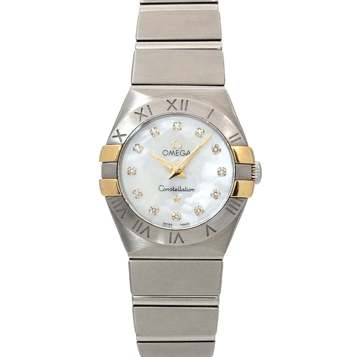 Pre-Owned OMEGA Constellation Brushed Two-tone 123 20 24 60 55 005 Women's Watch with 12 Diamonds, White Shell, and Yellow Gold Quartz Movement
