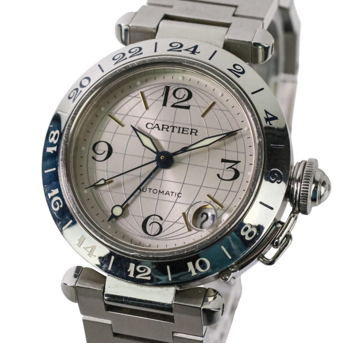 Pre-Owned Cartier Pasha C Meridian GMT Watch W31029M7 2377 Silver Dial Women's