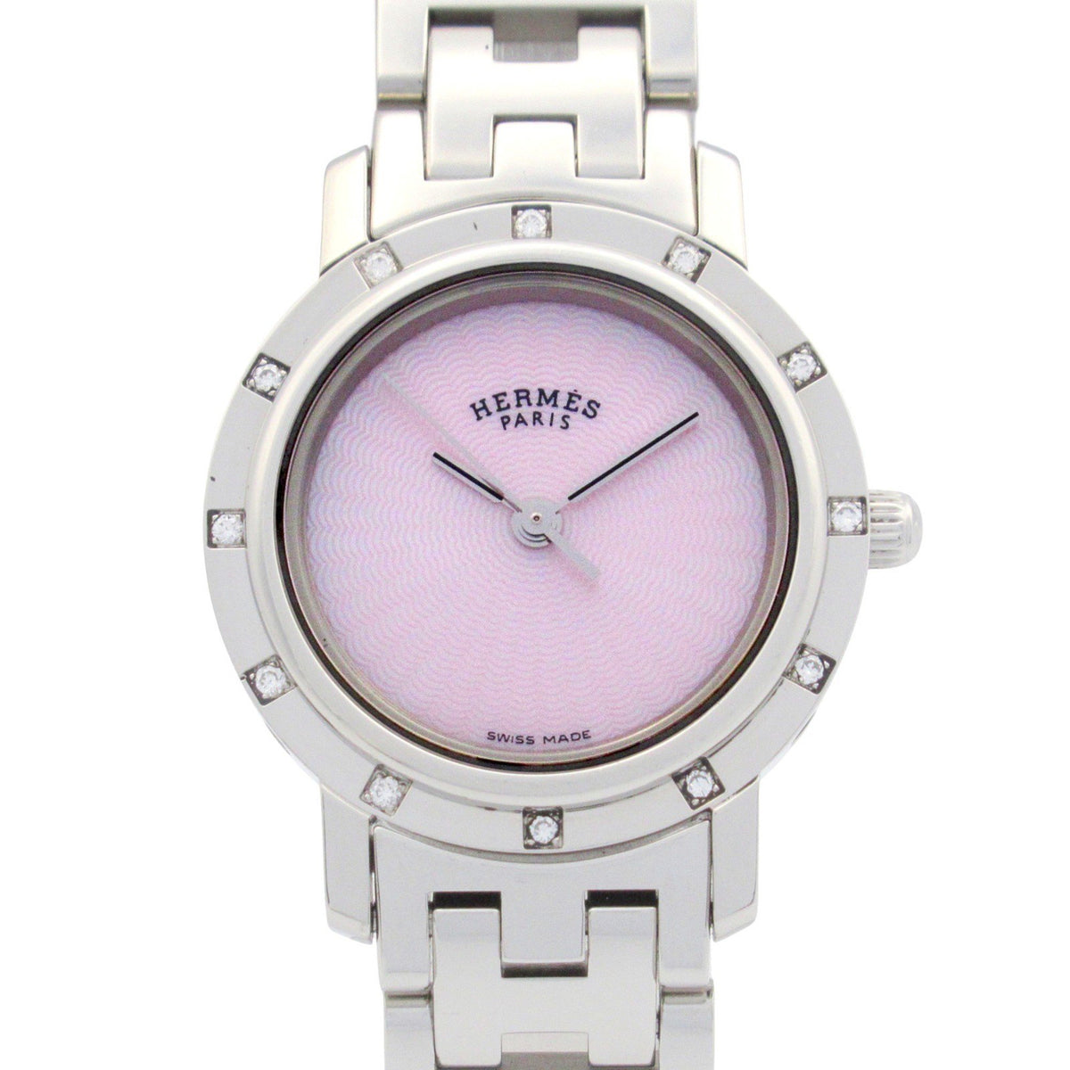 Montre Hermes Clipper Nacle d'occasion, lunette diamantée, acier inoxydable, coque rose, CL4.230 