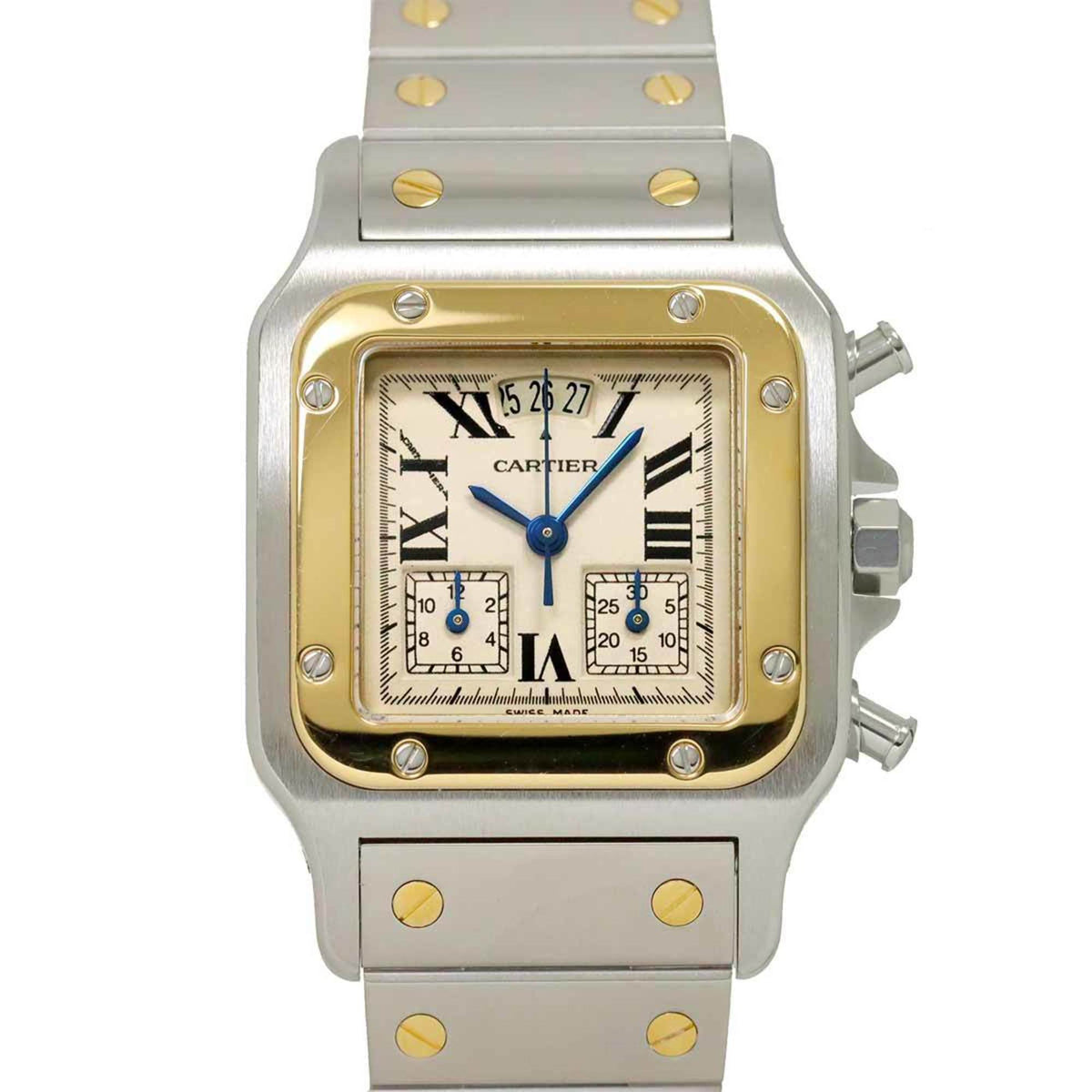 Gebrauchte Cartier Santos Galbe LM Chrono Reflex Ewiger Kalender Combi W20042C4 Herrenuhr Datum Elfenbein K18YG Gelbgold Quarz 