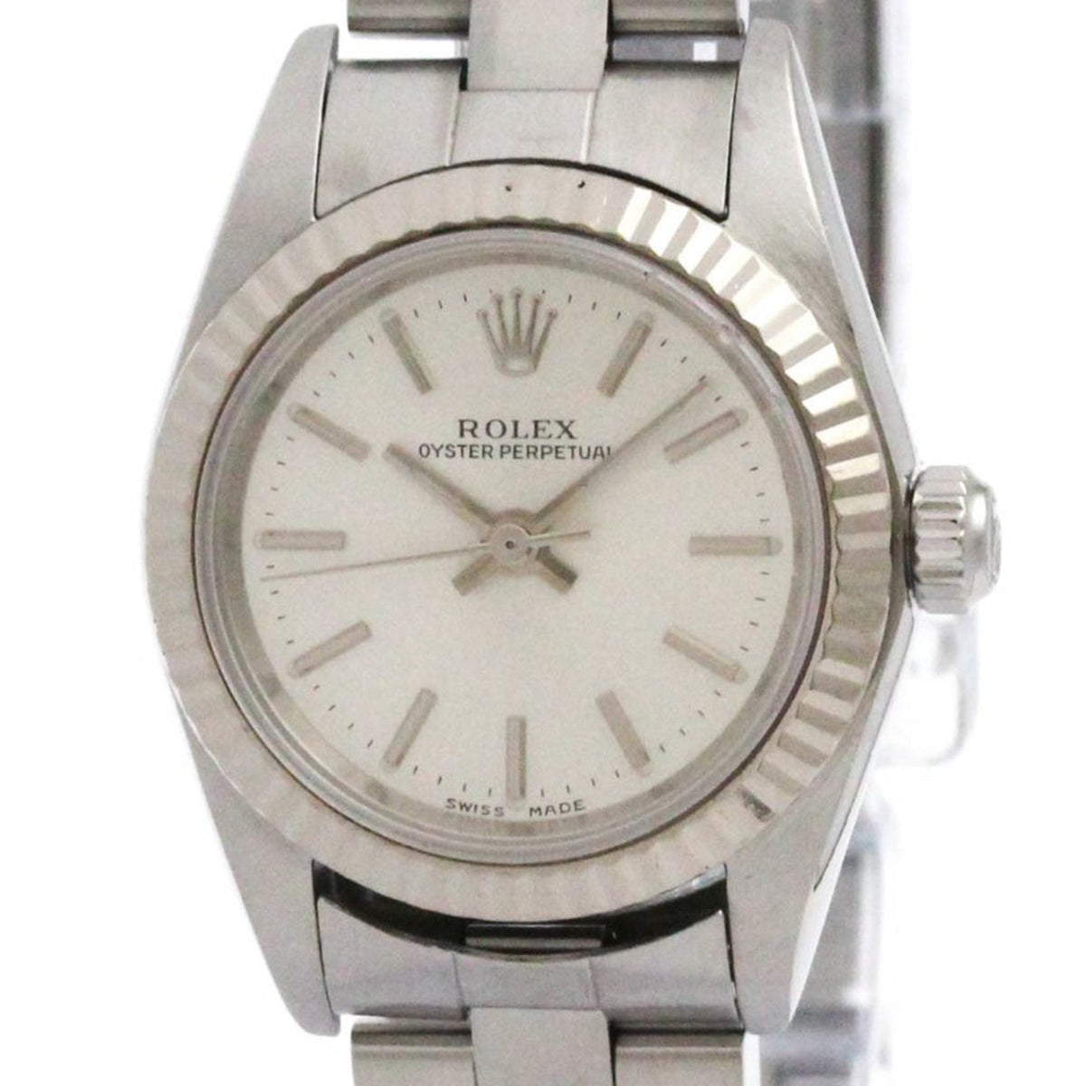 Pre-Owned ROLEX Oyster Perpetual 76094 K Serial White Gold Steel Watch Polished