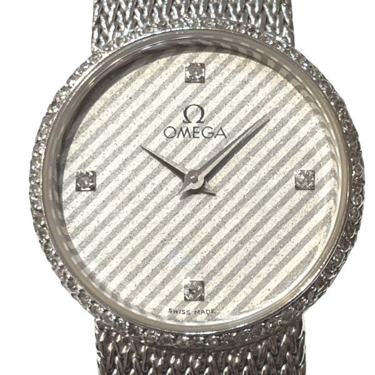Pre-Owned Omega Quartz Cal. 1365 Push Crown 18K White Gold 4 Diamond Bezel Watch Women's