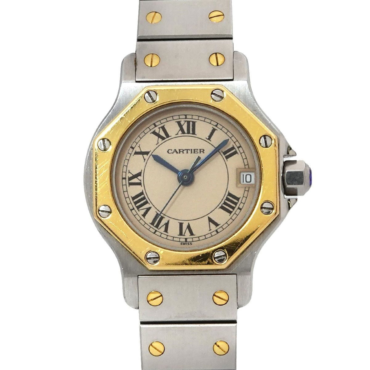 Pre-Owned Cartier Santos Octagon SM Two-tone Watch W2001683 Women's with Date Display, Ivory and Yellow Gold Quartz Movement