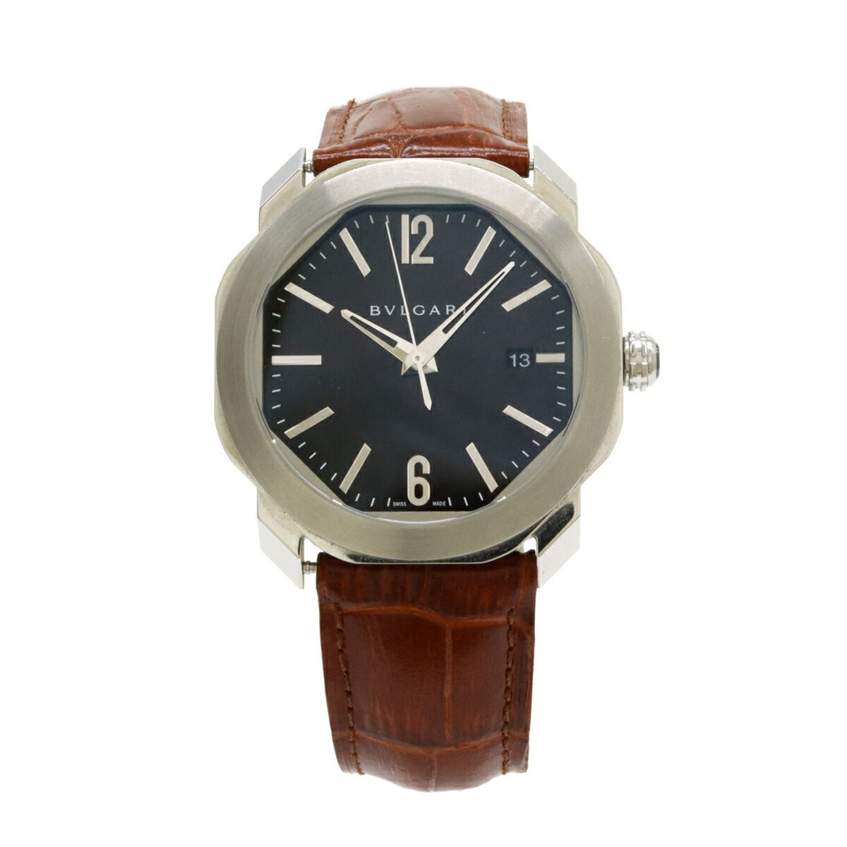 Gebrauchte BVLGARI Octo Date Herren-Automatikuhr OC41S mit schwarzem Zifferblatt, Edelstahl- und Lederarmband 