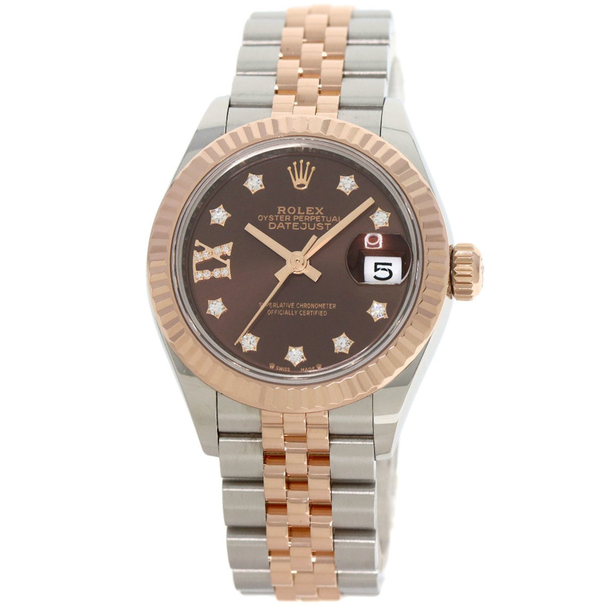 Montre Rolex Datejust 9P Star Diamond d'occasion, modèle 279171G, en acier inoxydable SSxK18PG, or Everose, pour femme. 
