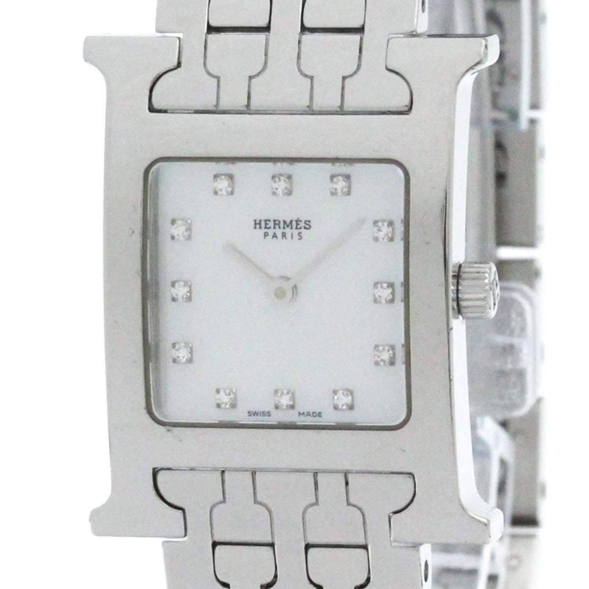 Pre-Owned Polished HERMES H Watch Diamond MOP Dial Steel Quartz Watch HH1.210 BF582432