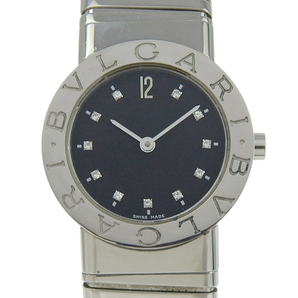 Pre-Owned BVLGARI Tubogas Watch with 11 Diamonds, BB262TS, Stainless Steel, Quartz Movement, Analog Display, Black Dial, Women's