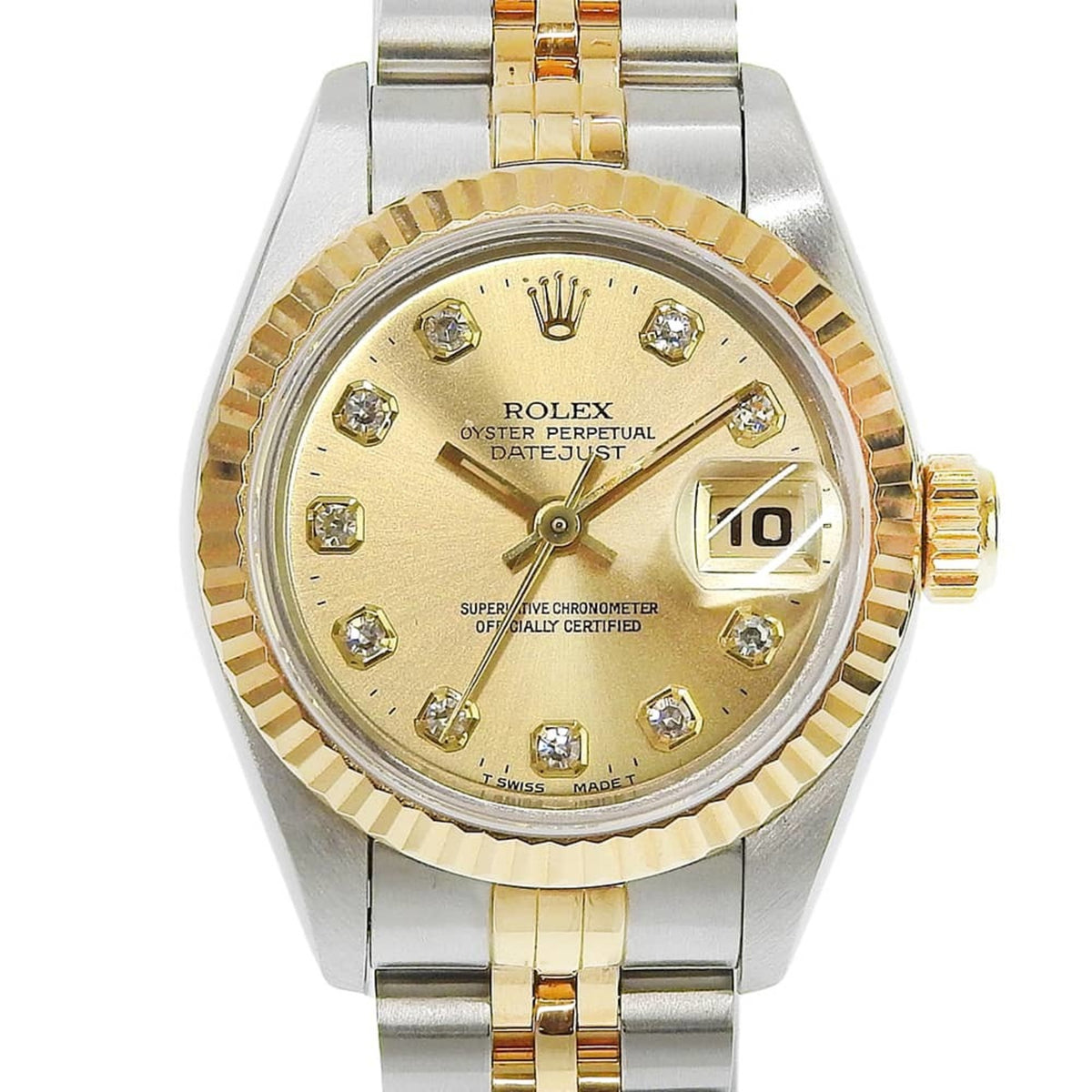 Pre-Owned Rolex Datejust Two-Tone 69173G W-serial, 10-diamond setting, champagne gold dial, 18K yellow gold/stainless steel, automatic movement, approximately 26mm.