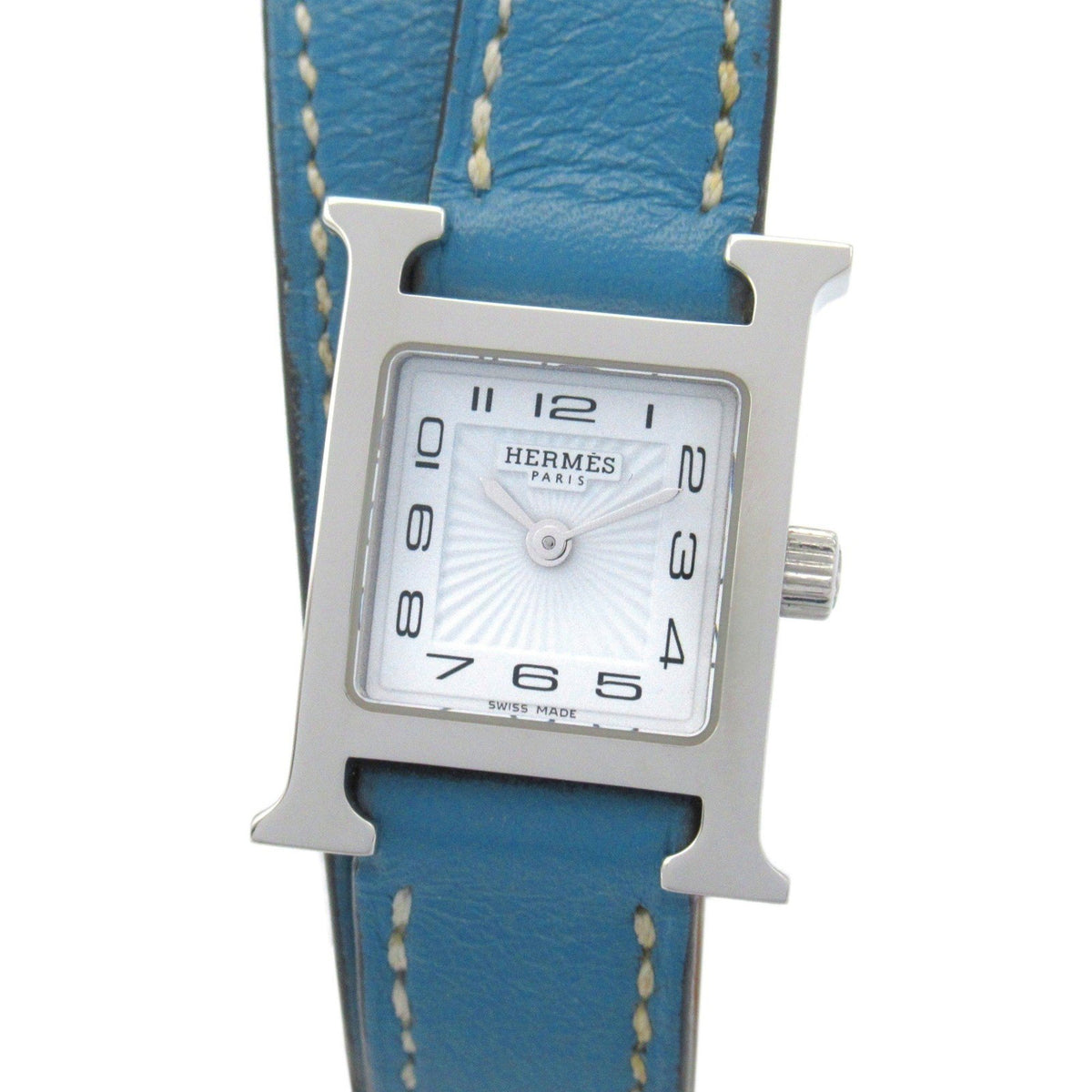 Montre-bracelet Hermes H Mini Double Tour d'occasion pour femme, bracelet en acier inoxydable et cuir, blanche HH1.110 