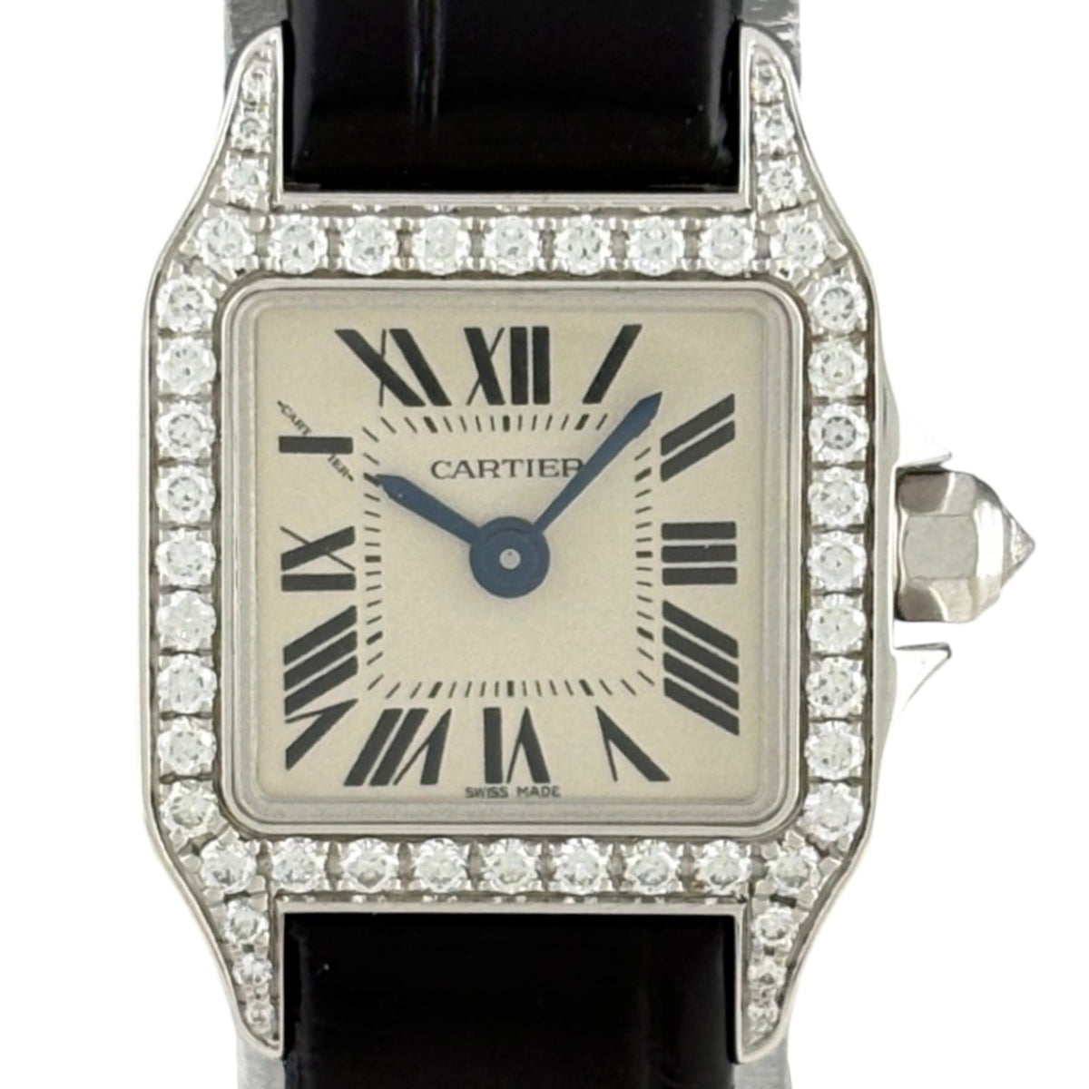 Pre-Owned Cartier Santos Demoiselle Mini WF902005 Watch, White Gold, Diamond, Leather Strap, Quartz, Silver, Women's.