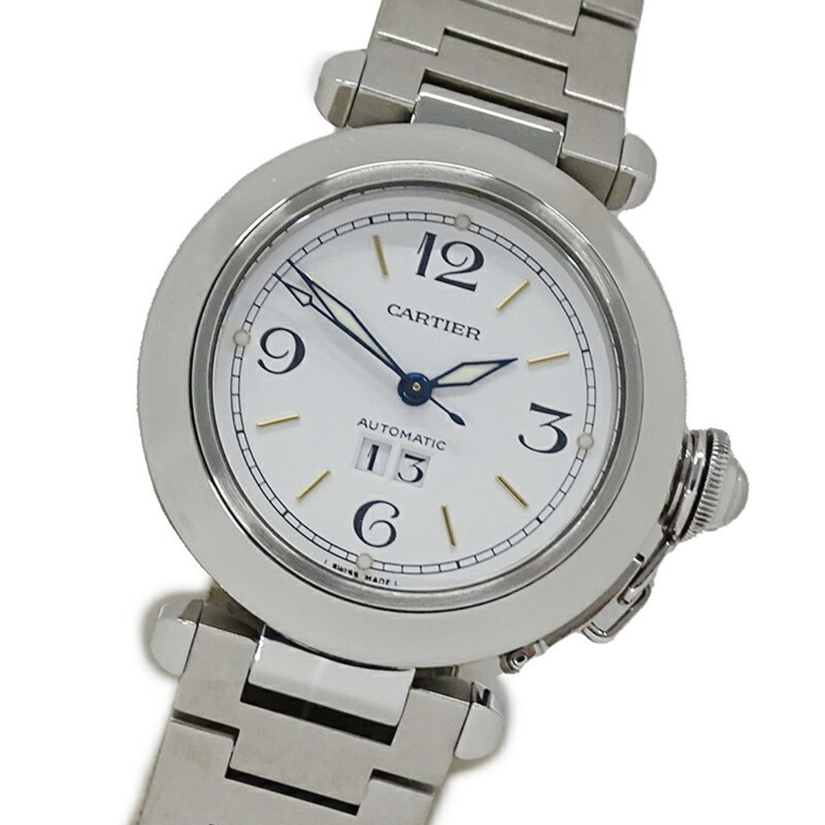 Montre automatique Cartier Pasha C Big Date d'occasion pour garçon, en acier inoxydable SS W31044M7, argent blanc poli 