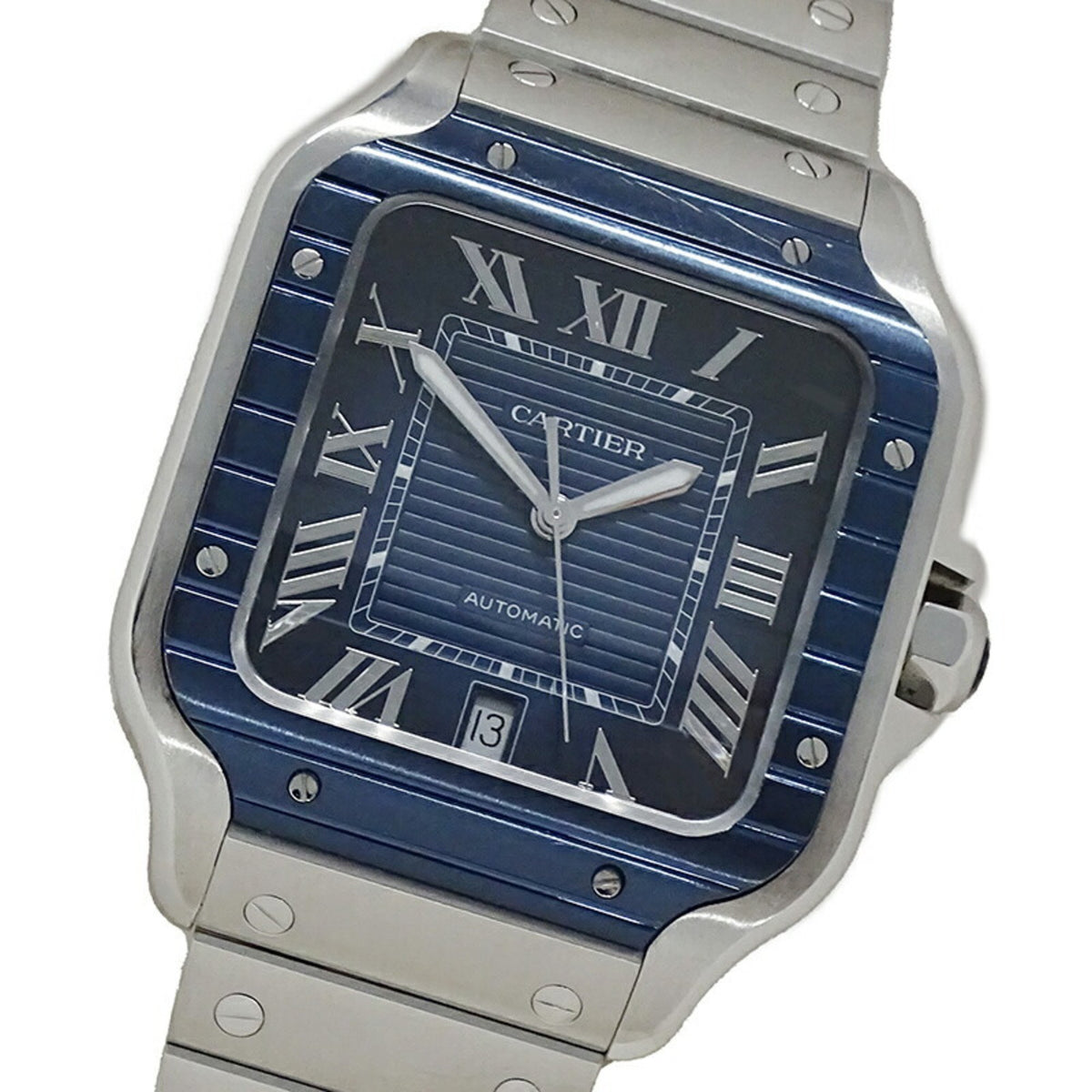 Montre homme Cartier Santos de LM Date automatique AT en acier inoxydable SS WSSA0048, bracelet de rechange bleu argenté inclus, poli 