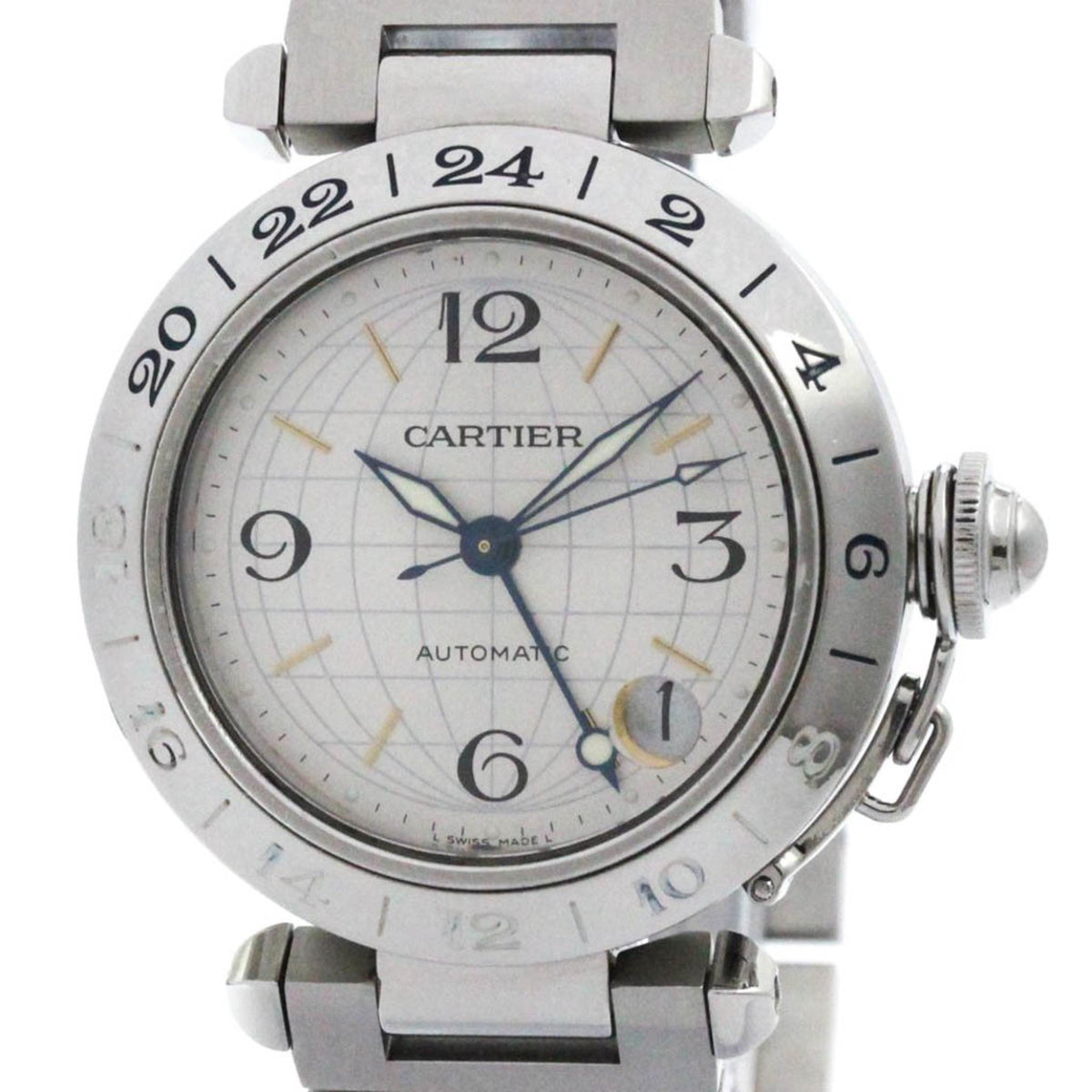 Gebrauchte, polierte Cartier Pasha C Meridian Stahl Automatik Unisex Uhr W31029M7 BF575190 