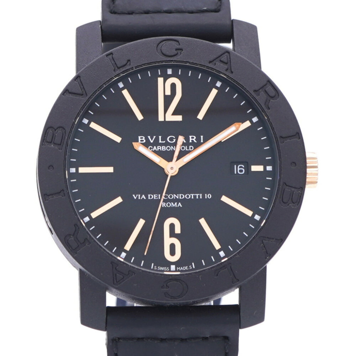 Pre-Owned BVLGARI Carbon Gold BB40CL Automatic Watch Carbon/Leather Black Dial 0039BVLGARI Men's