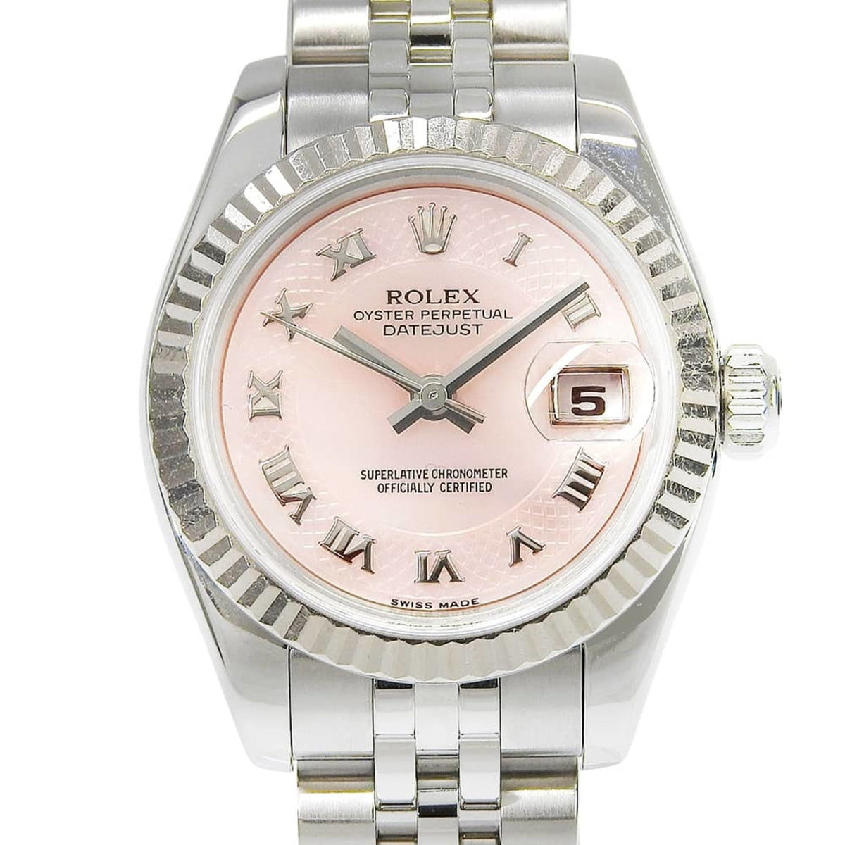 Pre-Owned Rolex Datejust 179174NR (D-serial number), pink mother-of-pearl dial, 18K white gold/stainless steel, automatic movement, approximately 26mm, October 2025.
