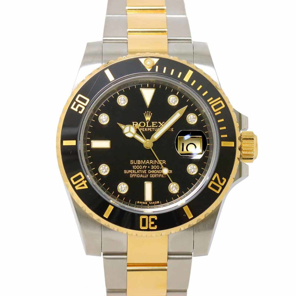 Montre Rolex Submariner Date Combi 116613GLN d'occasion, cadran noir, or jaune, remontage automatique, avec numéro aléatoire, 8P, diamants 