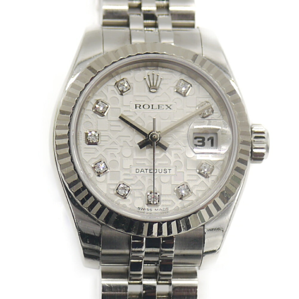 Pre-Owned ROLEX Datejust 179174G (D-serial number), Automatic, 10-diamond setting, Computer dial, Ladies' watch.
