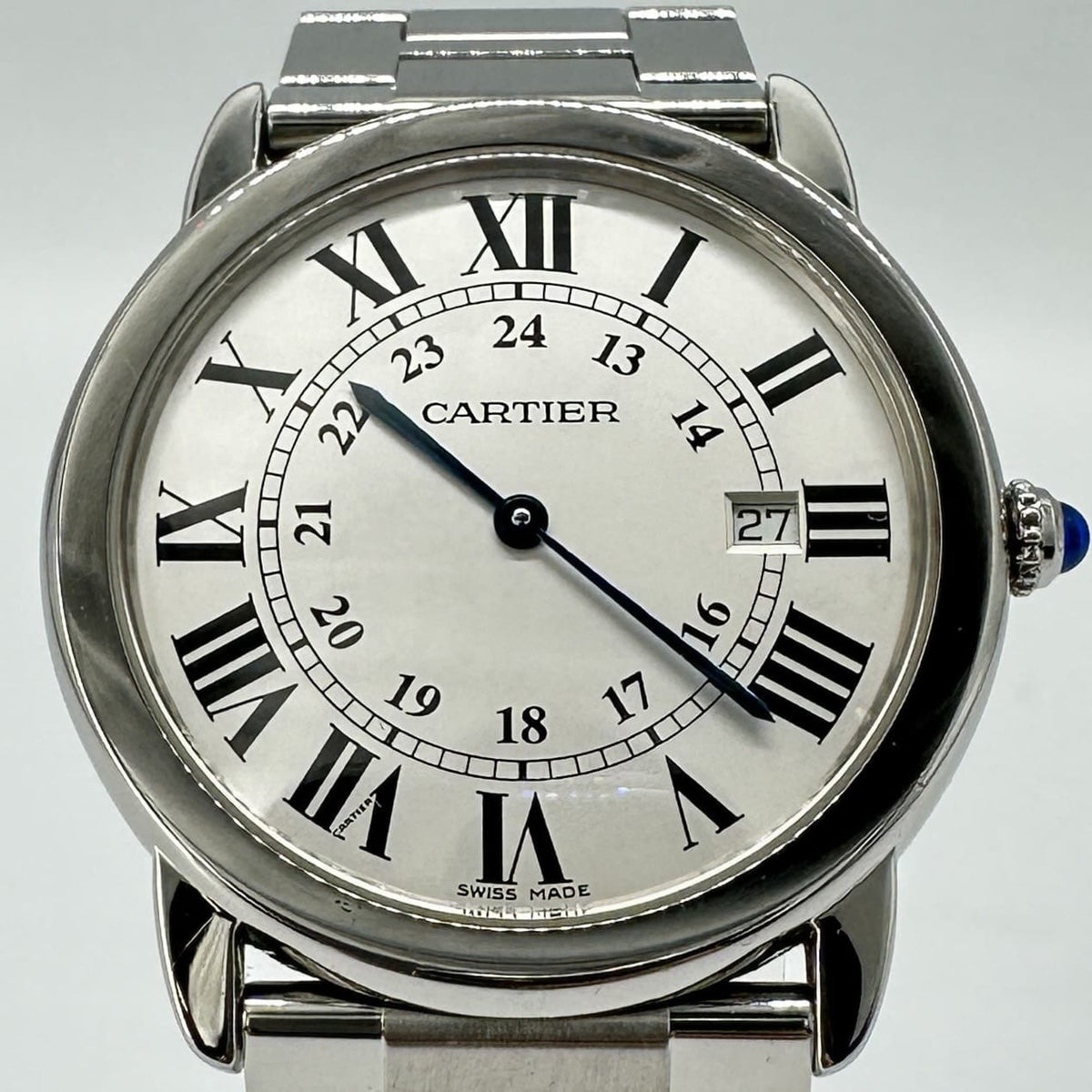 Pre-Owned Cartier Rondo Solo LM de W6701005 Men's Watch with Date, Quartz Movement, Stainless Steel, White and Silver