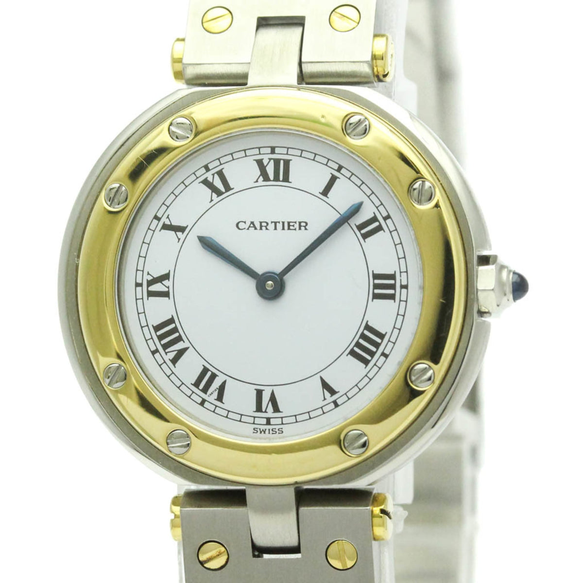 Pre-Owned CARTIER Santos Round 18K Gold Steel Quartz Ladies Watch Polished