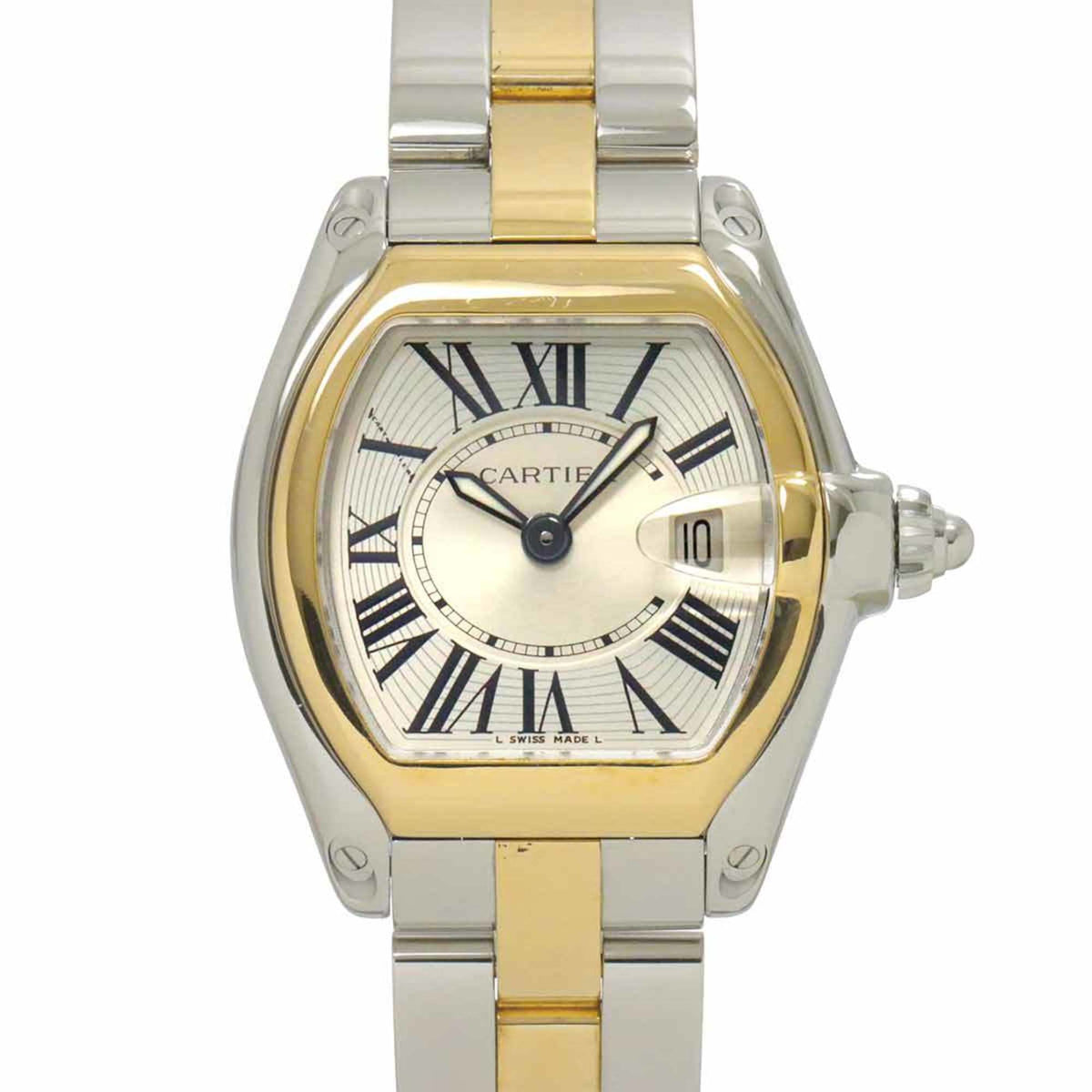 Pre-Owned Cartier Roadster SM Two-tone Watch W62026Y4 Women's with Date Display, Silver 18K Yellow Gold Quartz Movement