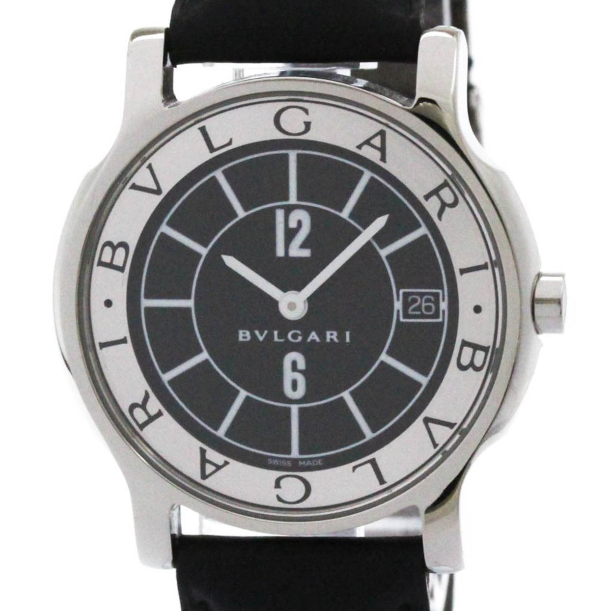 Pre-Owned BVLGARI Solotempo Steel Leather Quartz Mens Watch ST35S Polished