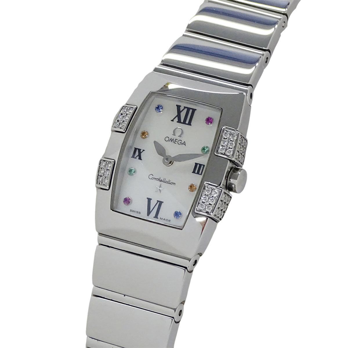 Pre-Owned OMEGA Constellation Quadrella Mini 1585.79 Women's Watch with Shell, Diamond, and Colored Stones, Quartz Movement, Stainless Steel, Silver, Polished