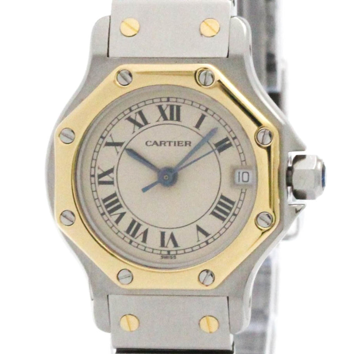 Pre-Owned CARTIER Santos Octagon 18K Gold Steel Quartz Ladies Watch 187903 Polished
