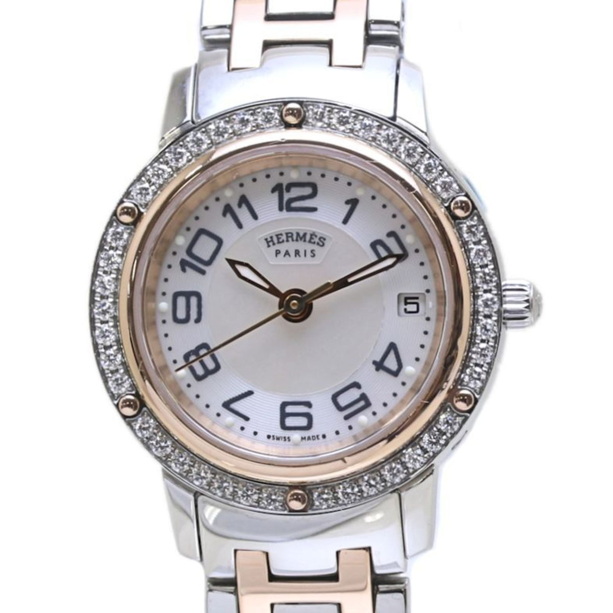 Pre-Owned HERMES Clipper Nacr? Classic Bezel Diamond CP1.222.212 4970 035323WW00 Women's Watch in PGP (Pink Gold Plated) xSS 40117