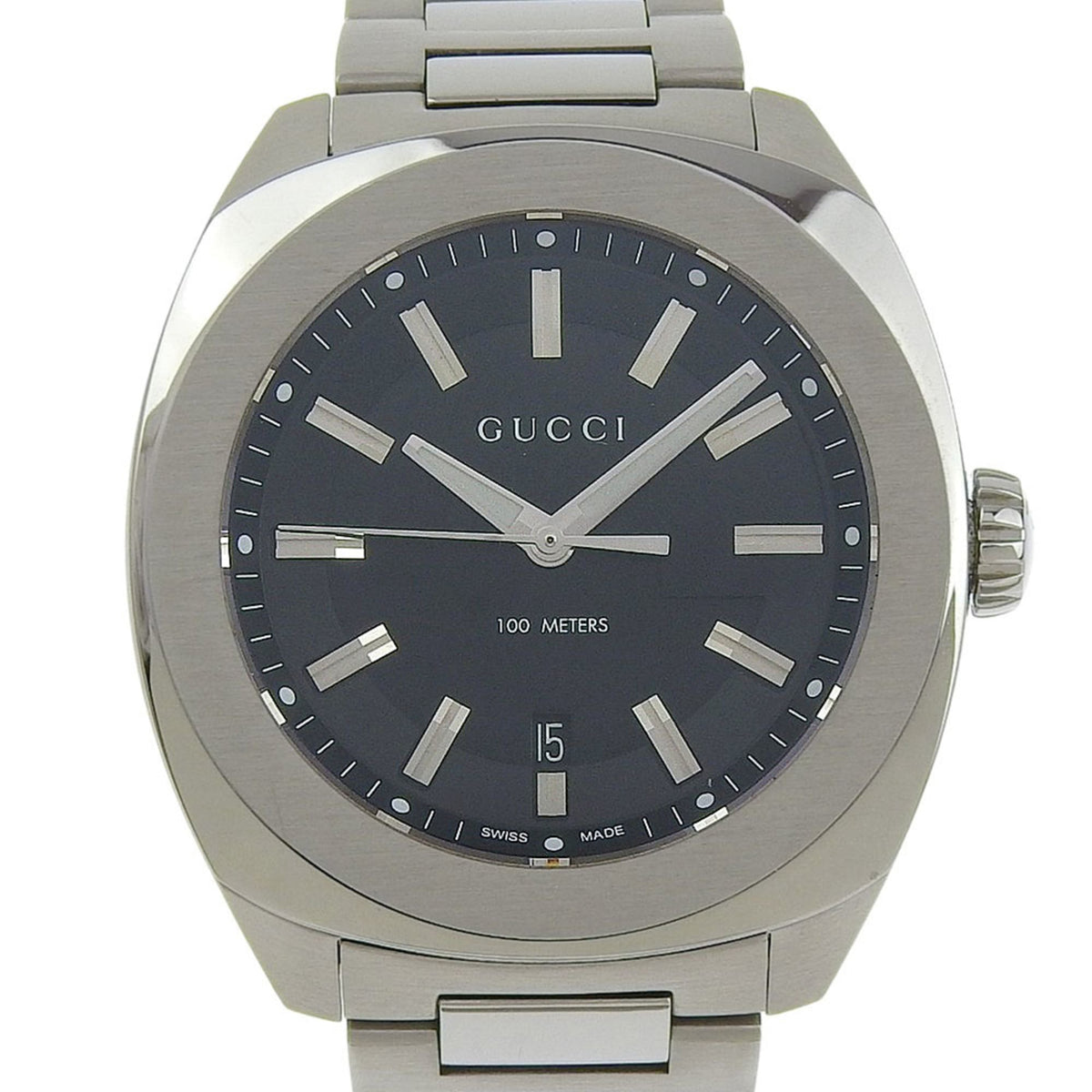 Pre-Owned Gucci Date 100m YA142201 142 2 Black Dial Stainless Steel Quartz Watch with Battery, 43mm Men's