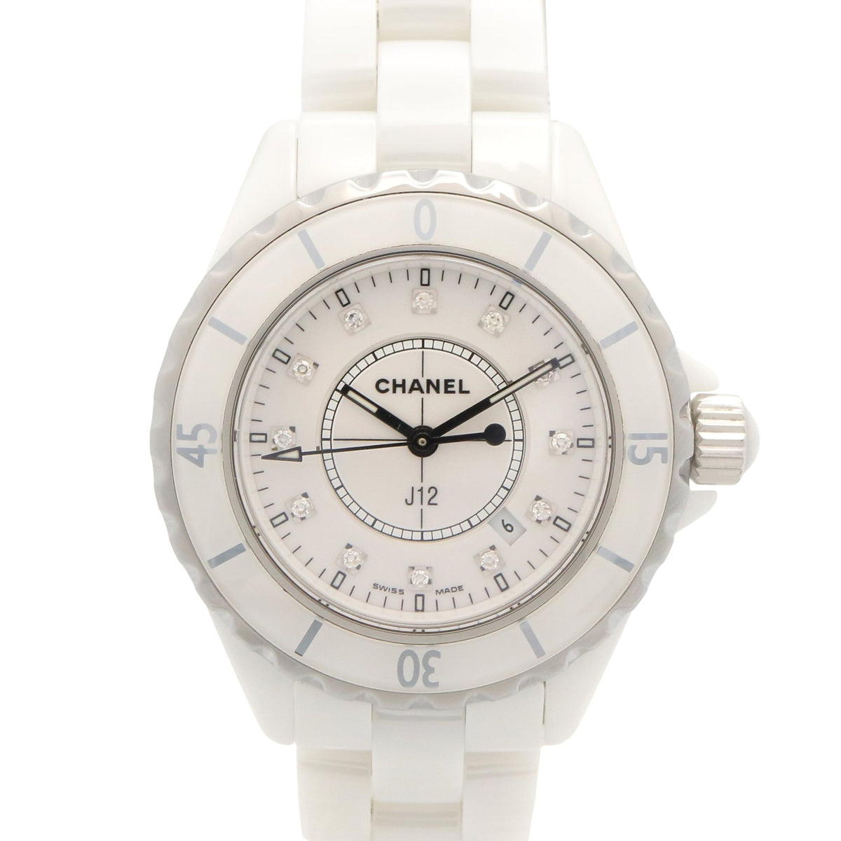 Pre-Owned Chanel J12 12-Diamond Ceramic Watch for Women, White (H1628)