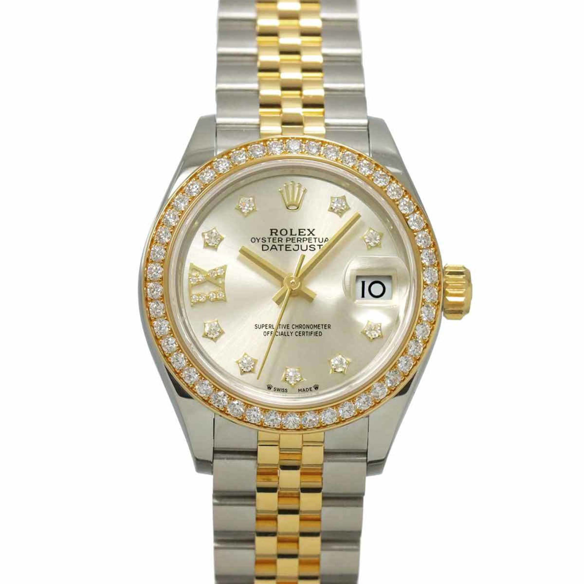 Pre-Owned Rolex Datejust Two-Tone Women's Watch, 279383RBR, Random Number, 9-Piece Diamond Bezel, Silver, 18K Yellow Gold, Automatic Watch